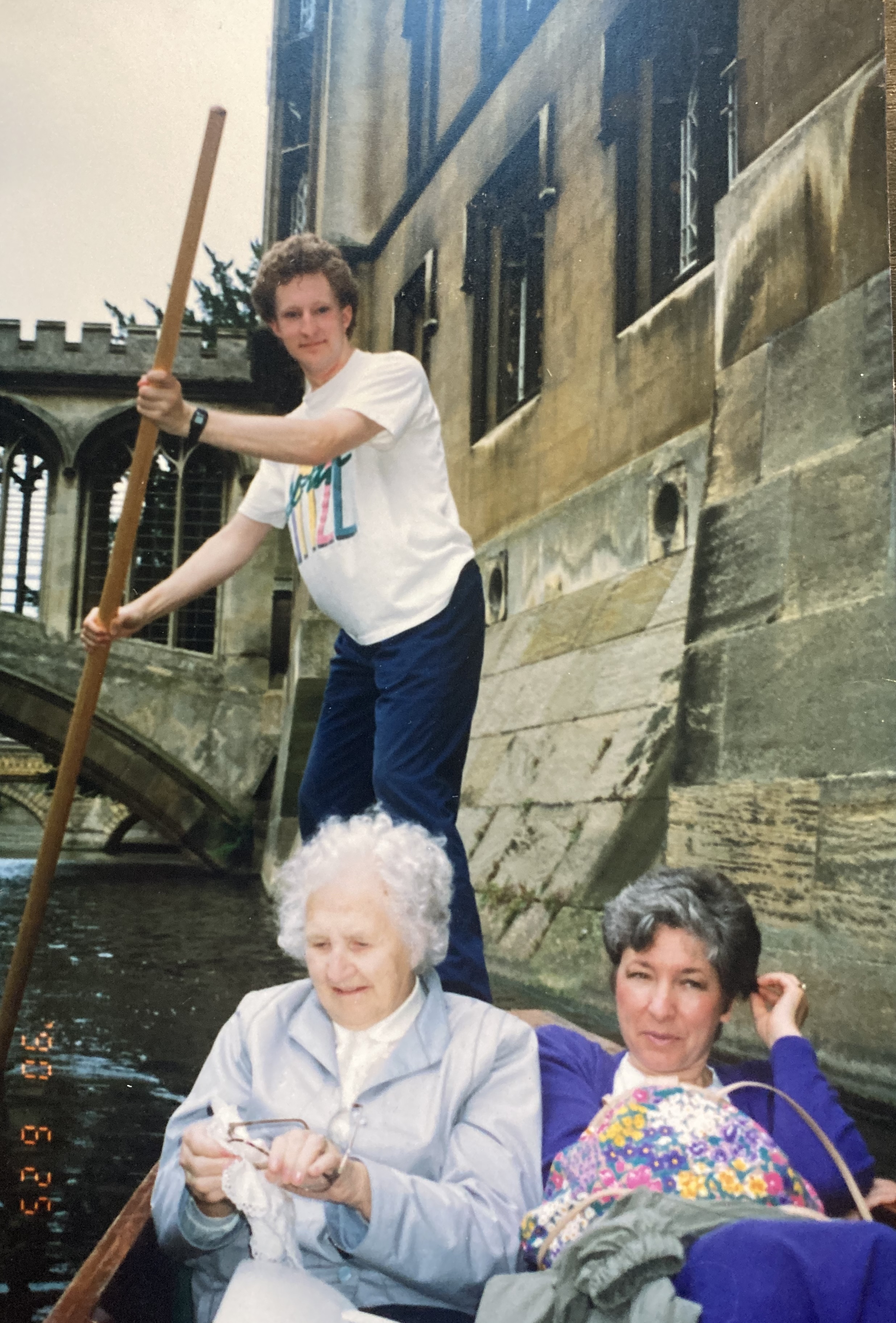 Sean, Constance Mary, and June in a punt in England, June 1990